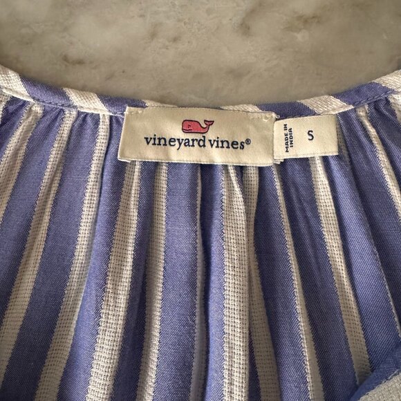 Vineyard Vines Womens Blouse Small Blue & White Striped Popover Tie Neck Tassels - Picture 3 of 7